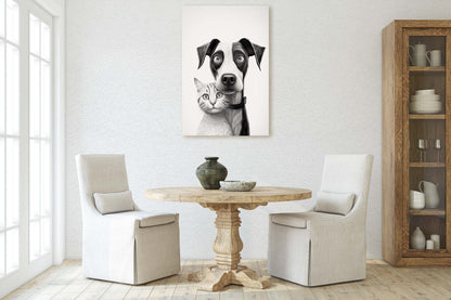 Black White Cat Dog, Loving Pets, Cute Animals, Minimalism, Animal Art, Kitten Decor, Puppy Art, Framed Canvas, Quirky Animal