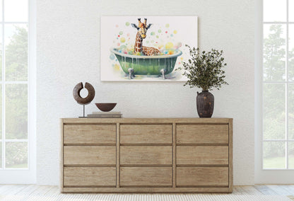 Giraffe Bath, Giraffe in Bathtub, Bathroom Decor, Kids Bath, Powder room, Fun Art, Cute Giraffe Elephant, Bath time Art, Silly Decor