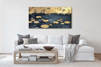 Lily Pad Pond, Black and Gold, lillipad Contemporary, Modern Abstract