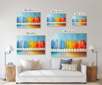 Pastel Trees, Seasons Painting, Rainbow Tree, Spring Summer, Fall Winter, Blue Tones, Colorful Vivid, Framed Canvas, Large Art Print