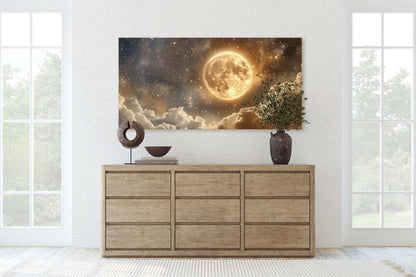 Full Moon Vintage ,Cloudy Moon Sky, Moon Painting, Moon and Stars