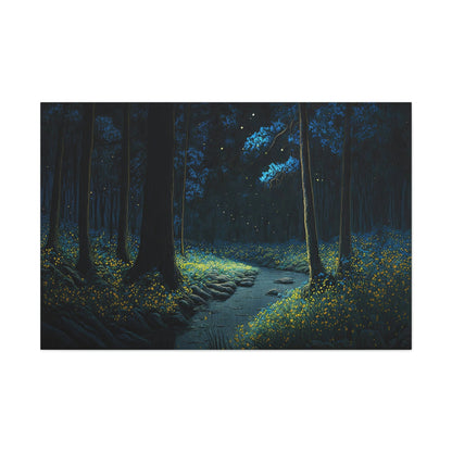 Mystical Forest at Night Fireflies Canvas Art Ready To Hang Large Print, Painting