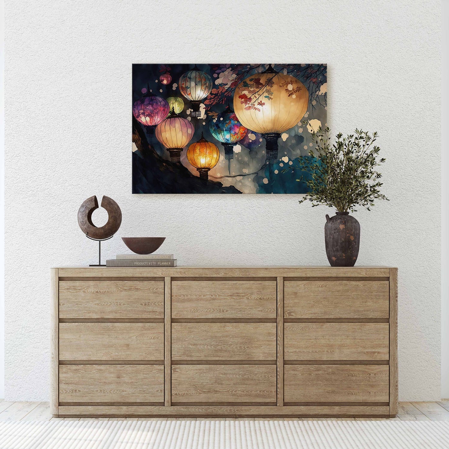 Paper Lantern Festival Canvas Art Ready To Hang Large Print, Night Sky, Watercolor, Chinese, Japanese