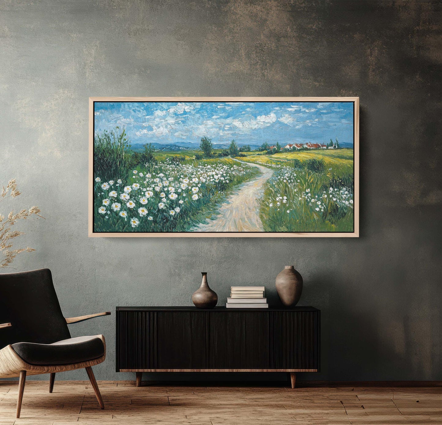 Countryside Road Art, Vintage Road Painting, Dirt Road, Field Painting