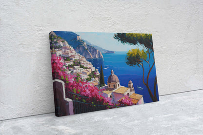 Italy Amalfi Coast, Seaside Coast, Colorful, Flowers Canvas, Coastline, Large Print, Painting, Landscape, Ocean Side, Beautiful View