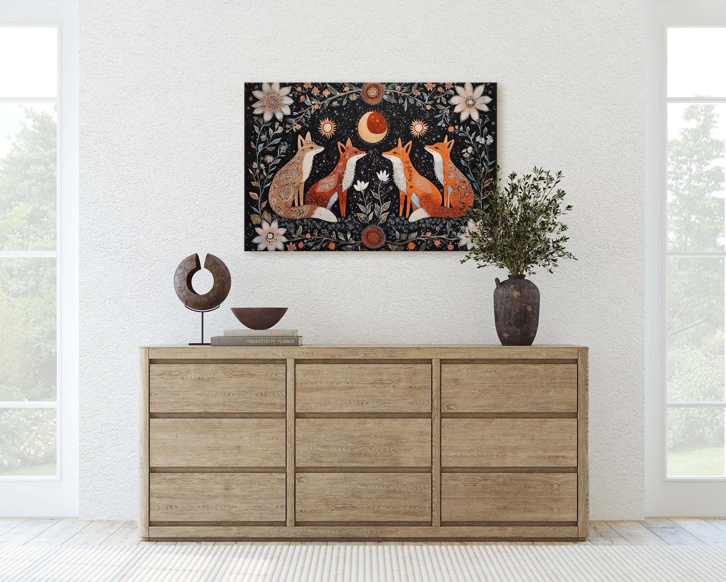 Fox Folk Art, Celestial Art, Fox Art, Nature print, Canvas print
