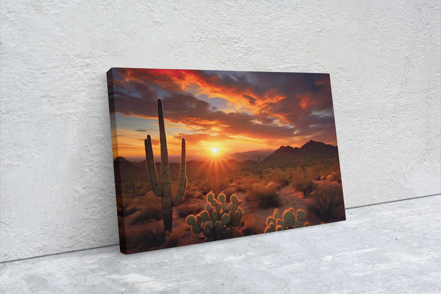 Desert Sunset on Canvas, Subdued Desert, Landscape Realistic, Realism Painting, Dramatic Sand, Cactus Sunset, Evening Art, Nature Painting