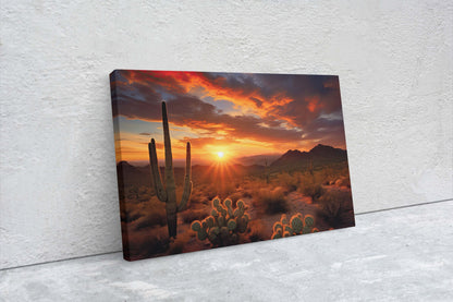 Desert Sunset on Canvas, Subdued Desert, Landscape Realistic, Realism Painting, Dramatic Sand, Cactus Sunset, Evening Art, Nature Painting