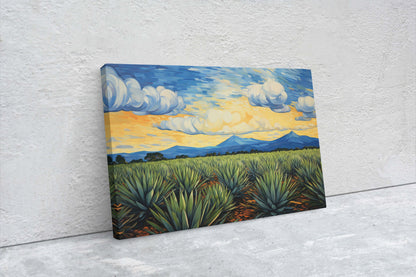 Agave Field on Canvas, Blue Mountains, Sunrise Sunset, Retro Vintage, Mid Century Modern