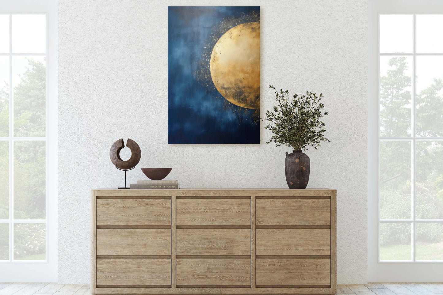 Gold Moon on Indigo, Moon Painting, Minimalist Art, Circle Indigo, Maximalist Art, Contemporary Decor, Celestial Art, Space Decor, Night Sky