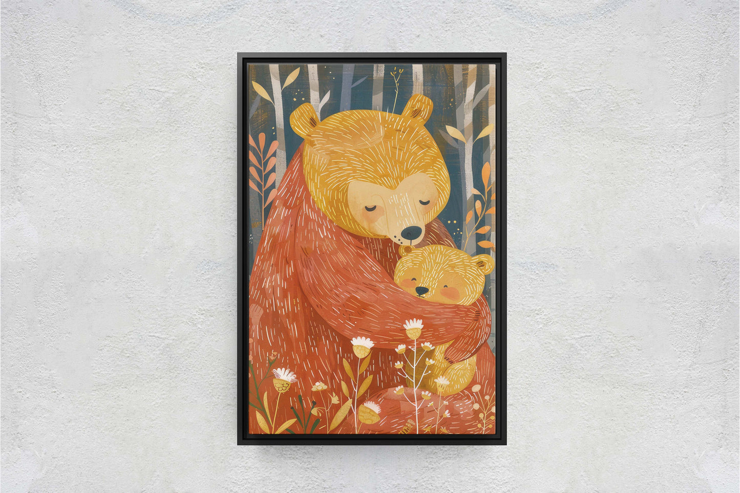 Mama Bear, Bear and Cub, Mom and Child, Dad and Baby, Kids Room, Nursery Decor, Illustration Painting, Framed Canvas, Large Art Print