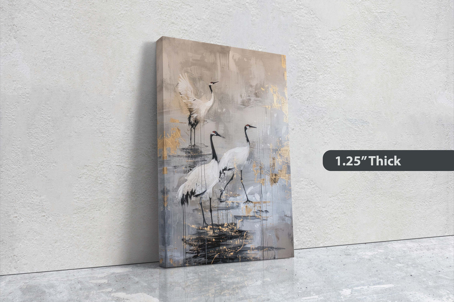 Japanese Cranes, Gold & Beige, Minimalist Art, Heron Decor, Framed Canvas, Japandi Print, Extra Large, Neutral Tones