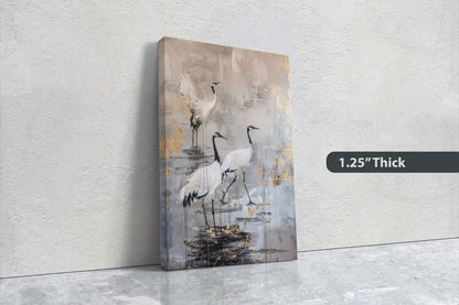Japanese Cranes, Gold & Beige, Minimalist Art, Heron Decor, Framed Canvas, Japandi Print, Extra Large, Neutral Tones