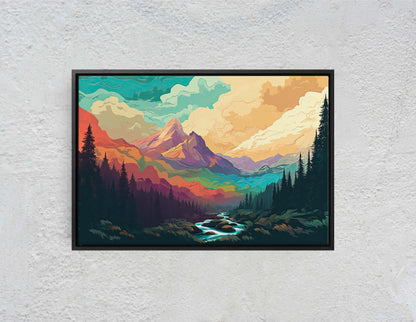 Cloud Mountains on Canvas, Flat Illustration, Sunset Colors, Sunrise Scene, Mountain Range, National Park, Abstract Art, Drawing, Framed