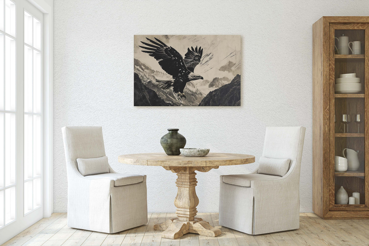 Black and White Eagle, Bald Eagle Painting, Cabin Decor, Mountain Home Art, Framed Canvas, Mountain Range, Nature Art