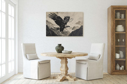 Black and White Eagle, Bald Eagle Painting, Cabin Decor, Mountain Home Art, Framed Canvas, Mountain Range, Nature Art