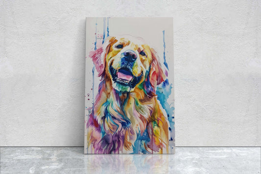 Golden Watercolor, Pop Art, Dog Painting, Animal Lover, Quirky Art, Fun Decor, Large Art Print, Framed Canvas, Vivid Color, Golden Retriever