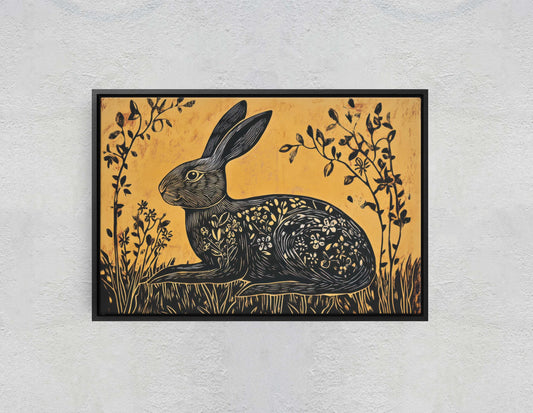 Folk Rabbit Art, Bunny Art, LinoCut, Cottagecore, Framed Canvas, Dark Print Nature Print, Farm Core, Gold and Black