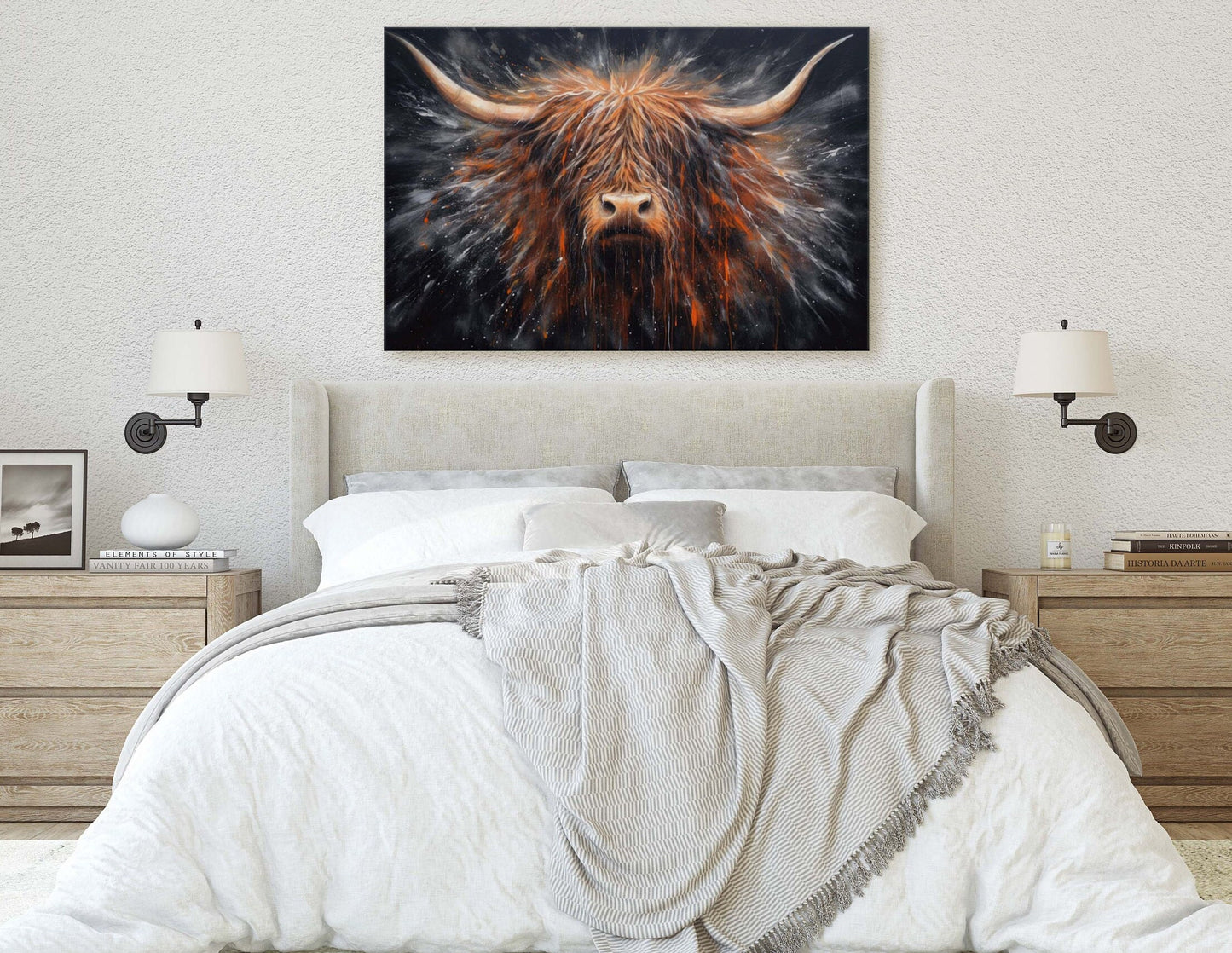 Highland Cow, Scottish Cow, Scotland Cattle, Long-haired cow, Rustic Farmhouse, Farm Animal, Barn Decor, Canvas Art Print, Abstract Painting