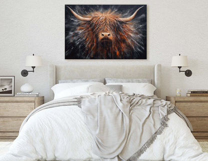 Highland Cow, Scottish Cow, Scotland Cattle, Long-haired cow, Rustic Farmhouse, Farm Animal, Barn Decor, Canvas Art Print, Abstract Painting