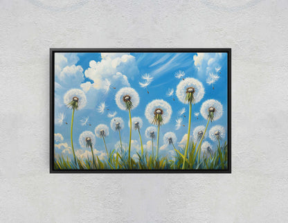 Dandelions Painting, Blue Sky Art, Close up Flowers, Wildflowers Art