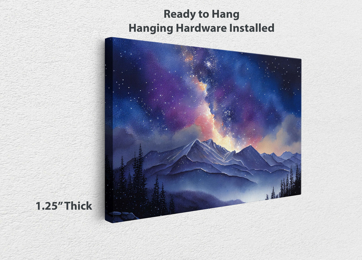 Night Sky Over Mountain Range Painting Stretched Canvas Art