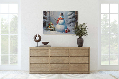 Snowman Present, Christmas Snowman, Snow Trees, Festive Decor, Holiday Art, Xmas Print, Framed Canvas, Large Print