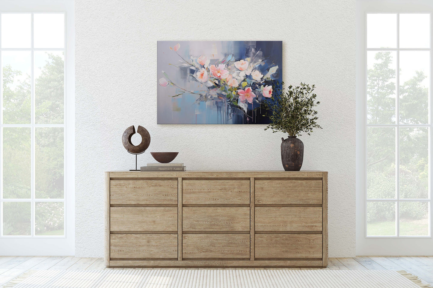 Abstract Floral Print, Flowers in Rain, Blue Canvas, Fine Art, Modern Artwork, Contemporary Print, Framed Canvas