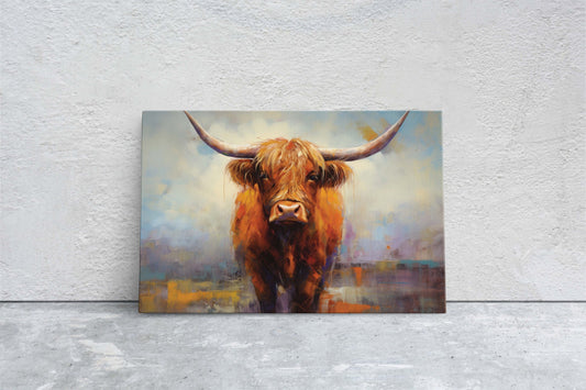 Highland Cow, Scottish Cow, Scotland Cattle, Long-haired cow, Rustic Farmhouse, Farm Animal, Barn Decor, Canvas Art Print, Painting