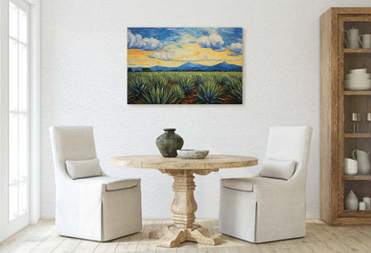 Agave Field on Canvas, Blue Mountains, Sunrise Sunset, Retro Vintage, Mid Century Modern