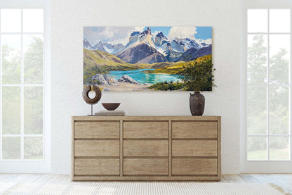 Torres del Paine Art, Chile Painting, Mountain Lake Art, Nature Painting