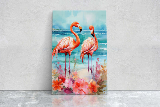 Flamingo Flowers on Canvas, Floral Bird, Beach Art, Framed Canvas, Tropical Art, Blue Water, Animal Print, Bird Lover, Vertical Portrait
