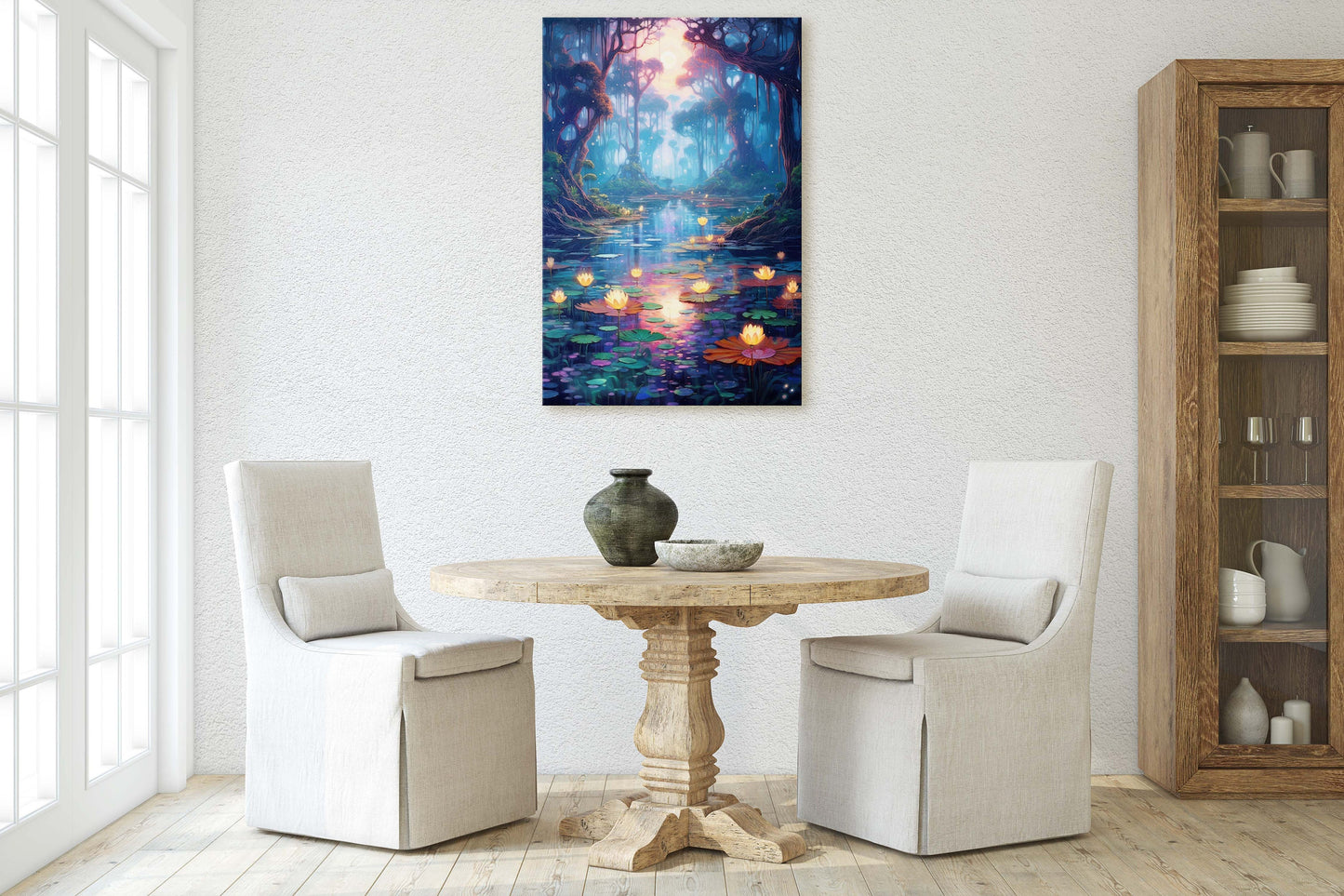 Enchanted Pond, Lamps Night Art, Lantern Forest, Vertical Canvas, Fantasy Decor, Office Art, River Art, Lily Pond, Floating Flower