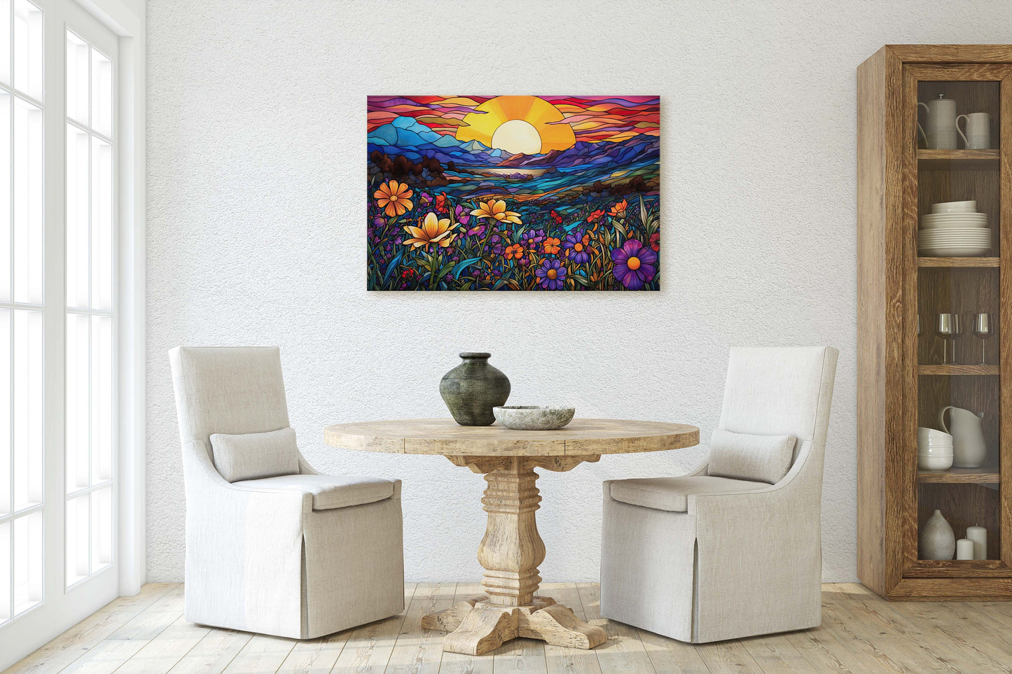 Stained Glass Painting, Blue Mountains, Faux Stained Glass, Sunset Flowers, Sunrise Field, Mountain Landscape, Framed Canvas, Vivid Colorful