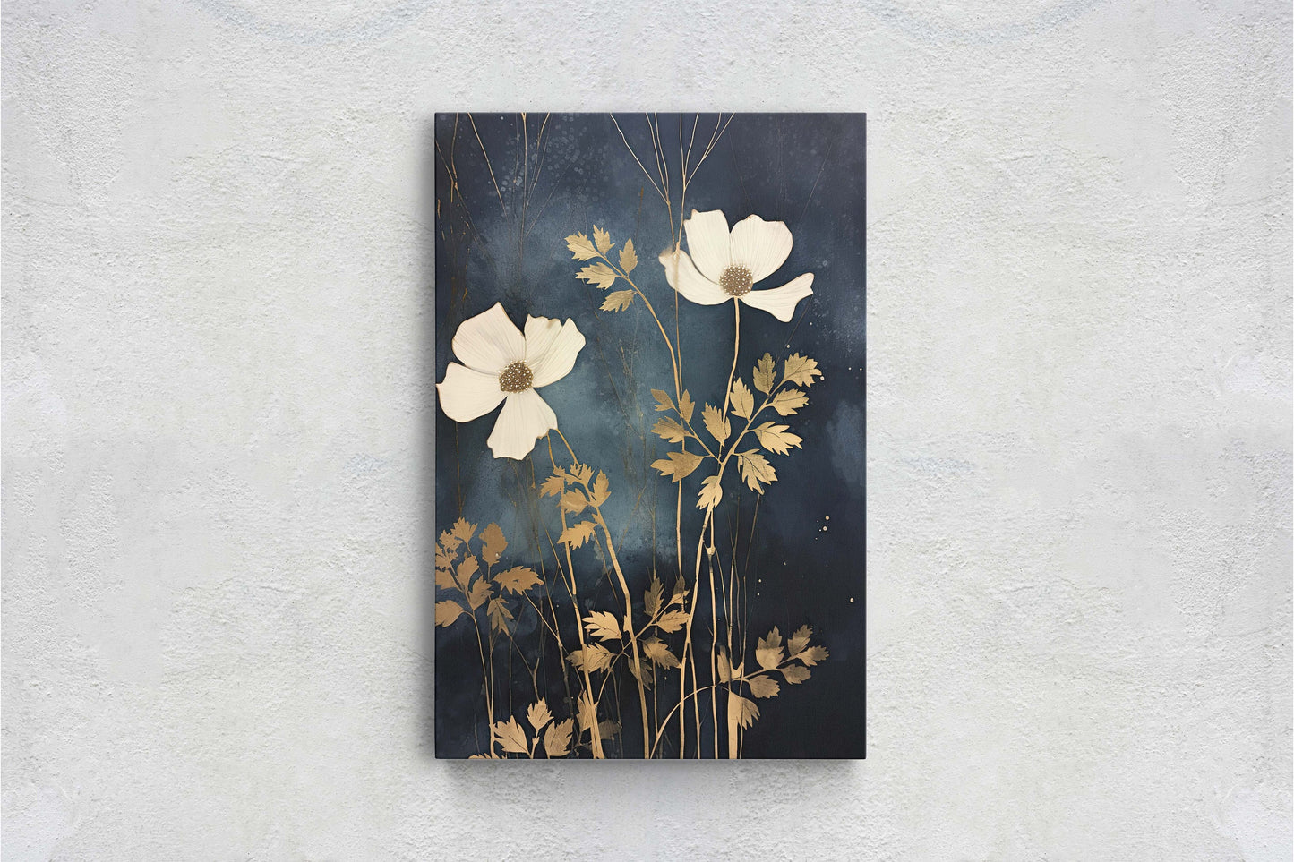 White Flowers, Indigo and Gold, Black and Gold, Wildflowers, Floral Painting, Framed Canvas, Large Print, Simple Bold, Contemporary Modern