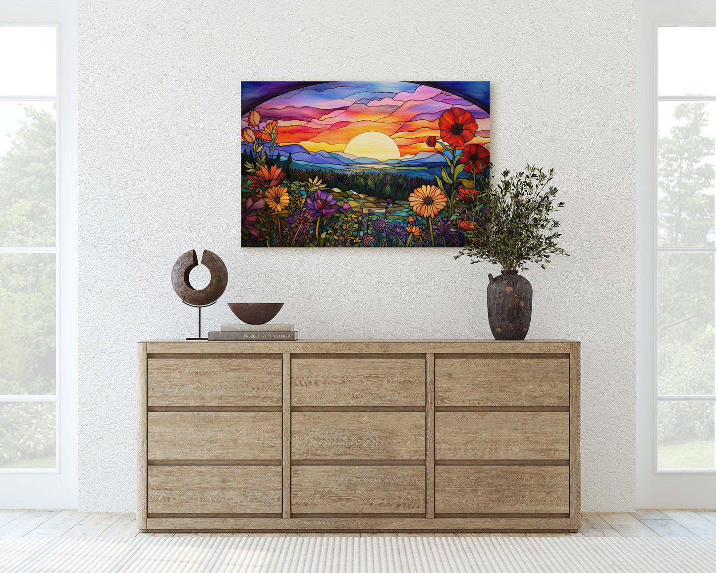 Sunset Painting, Faux Stained Glass, Colorful Vibrant, Sunrise Art, Flower Field. Mountain Decor, Framed Canvas