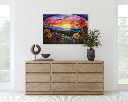 Sunset Painting, Faux Stained Glass, Colorful Vibrant, Sunrise Art, Flower Field. Mountain Decor, Framed Canvas