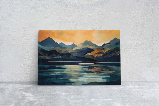 Lakeside Mountains on Canvas, Lake View mountains, Abstract Landscape, Modern Landscape, Neutral Tones, Subtle color, Watercolor Print