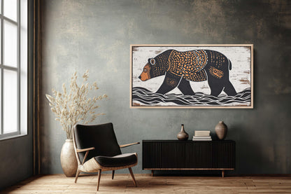 Bear Folk Art, Scandinavian Folk Art, Linocut Print, Wide Art, Large Art Print