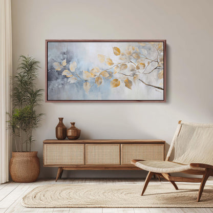 Golden Branches Leaves, Canvas print, Neutral Tones, Floral Art Painting, Contemporary Canvas,   Neutral Color, Gray and Gold, Blue Tones