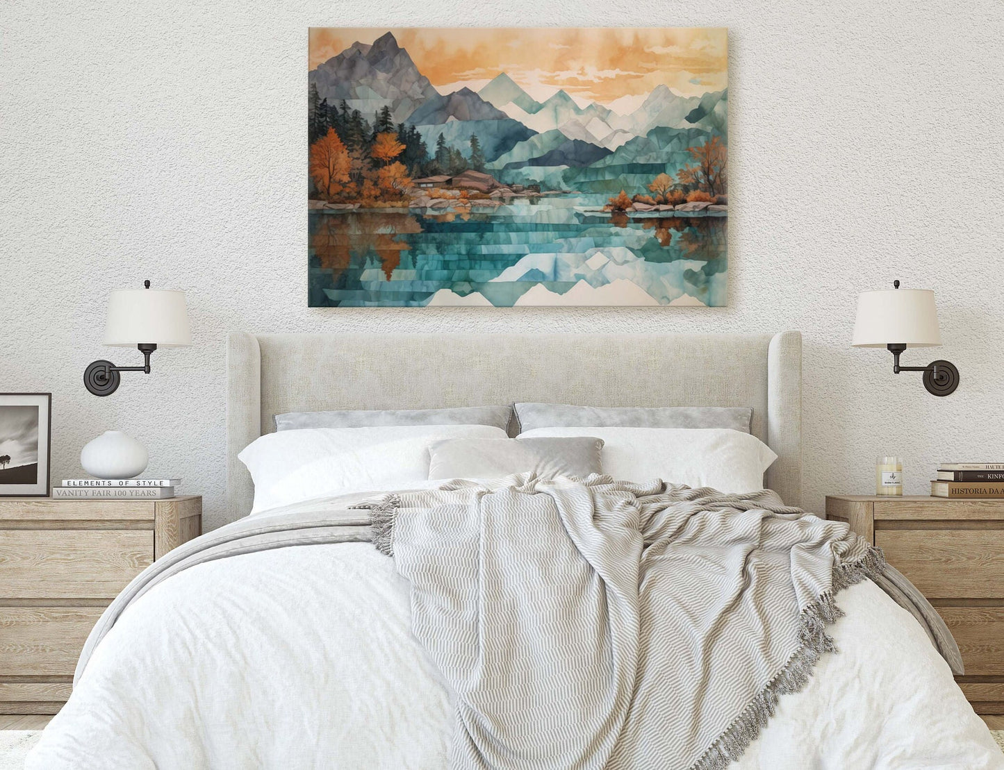 Lakeside Mountains on Canvas, Lake View mountains, Abstract Landscape, Modern Landscape, Neutral Tones, Subtle color, Watercolor Print