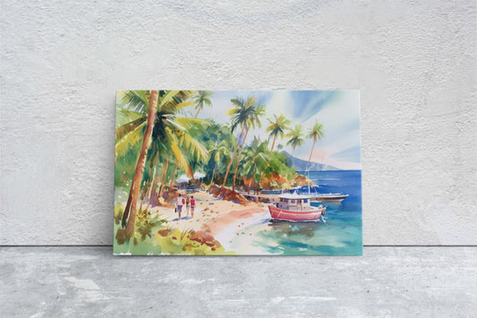 Beachside on Canvas, Ocean Beach, Watercolor, Hawaii Landscape, Tropical Water, Framed Canvas