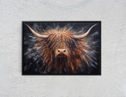 Highland Cow, Scottish Cow, Scotland Cattle, Long-haired cow, Rustic Farmhouse, Farm Animal, Barn Decor, Canvas Art Print, Abstract Painting