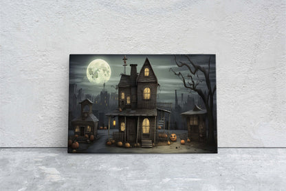 Spooky Mansion, Halloween House, Gothic Home, Scary House, Moonlit Black, Framed Canvas, Creepy cute, Spooky house Art
