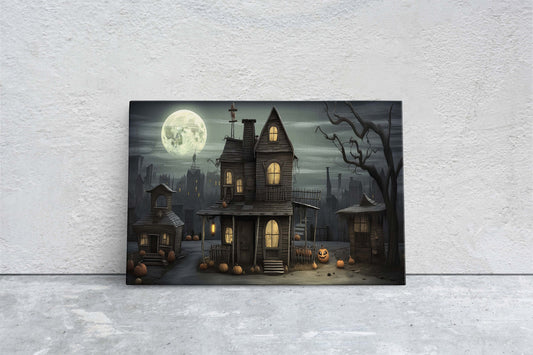 Spooky Mansion, Halloween House, Gothic Home, Scary House, Moonlit Black, Framed Canvas, Creepy cute, Spooky house Art