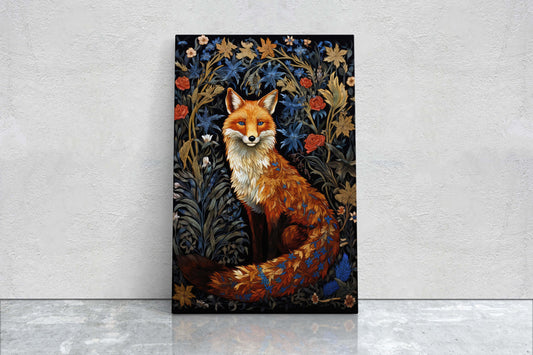 Fox William Morris, Inspired William Morris, Framed Canvas, Extra Large Print, Cottagecore, Forest Botanical, Floral Art,Art Nouveau Print