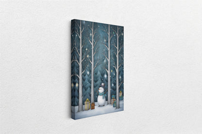 Snowman Presents Forest, Illustration Style, Snowy Forest, Snow Presents, Framed Canvas, Christmas Decor, Large Print, Winter Decor