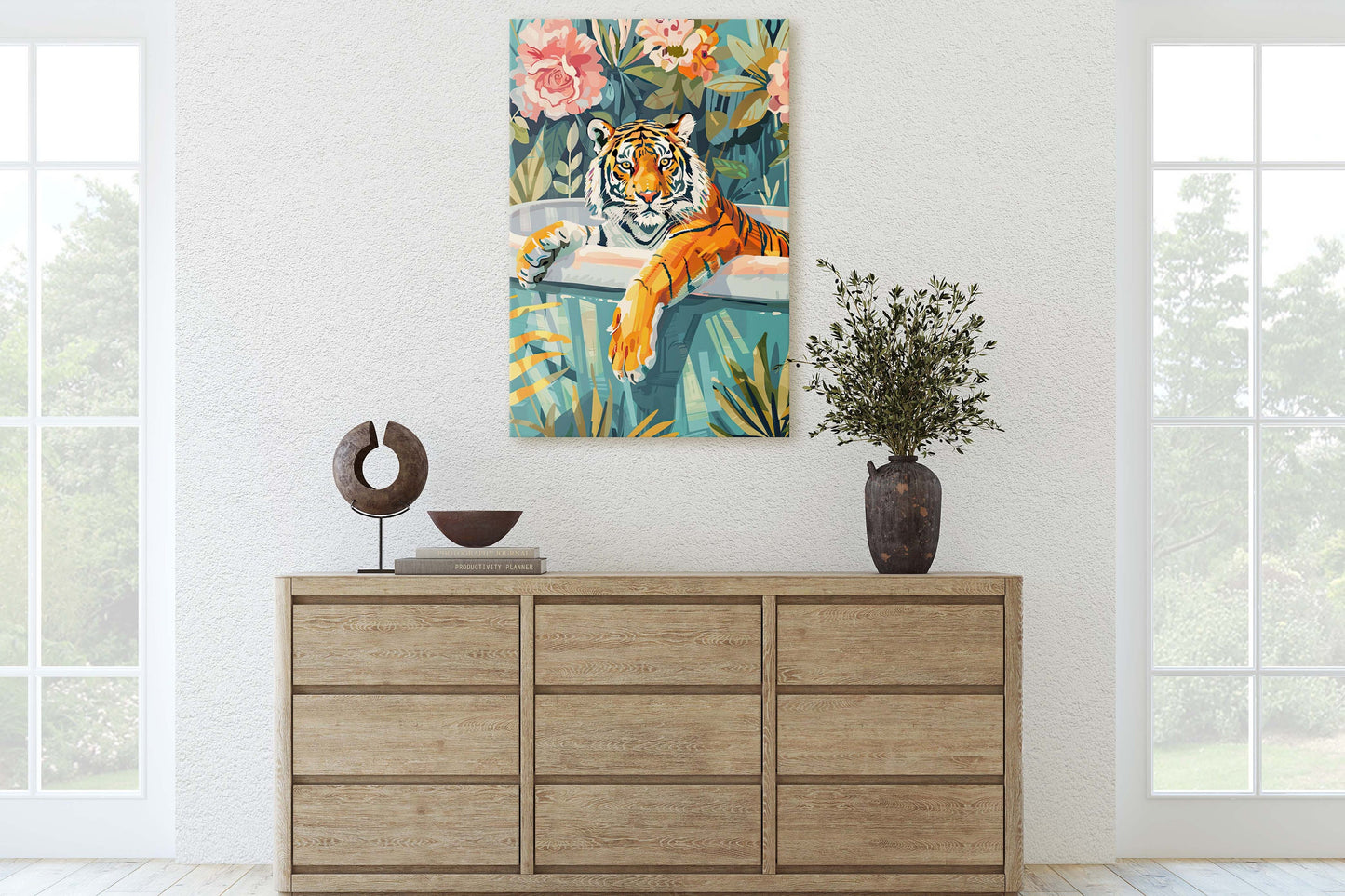 Tiger Bathtub, Maximalist Art, Dopamine Decor, Pink Kitsch, Bathroom Art, Framed Canvas, Large Art print, Dorm Decor
