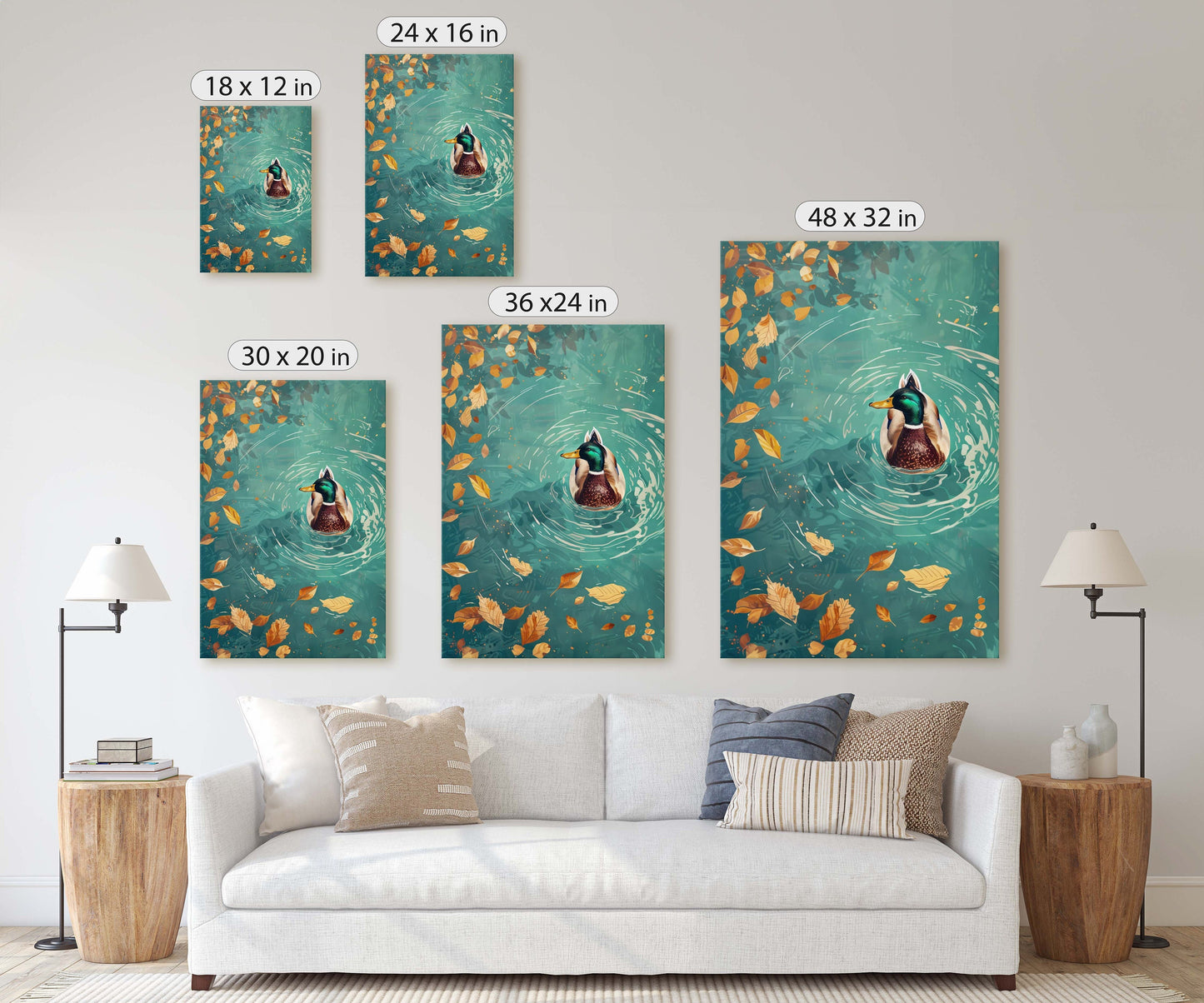 Mallard Duck Fall, Duck in Lake, Framed Canvas, Fall Season, Large Art print, Vertical Print, Leaves in Lake, Tranquil Decor