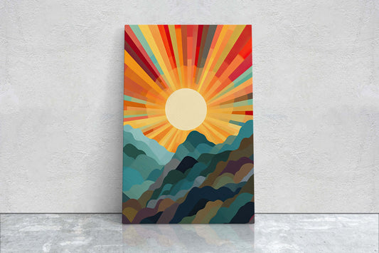 Sunshine Mountain on Canvas, Sunset Decor, Flat Art, Vibrant Color, Bold Art, Vertical, Abstract, Mid Century Modern, Scandinavian Print